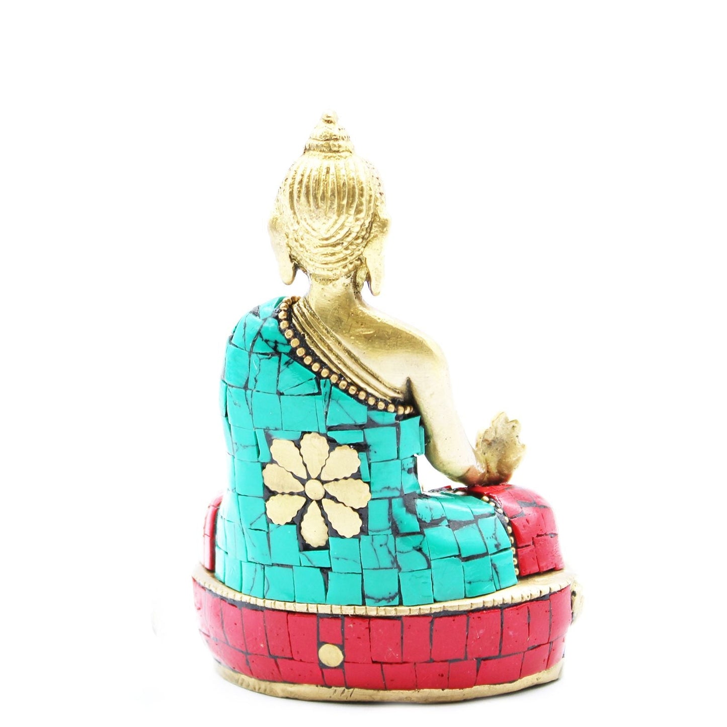 Handcrafted Brass Buddha Figure – Hands Down 11.5 CM, handmade brass Buddha statue with turquoise and red mosaic in seated pose, back view