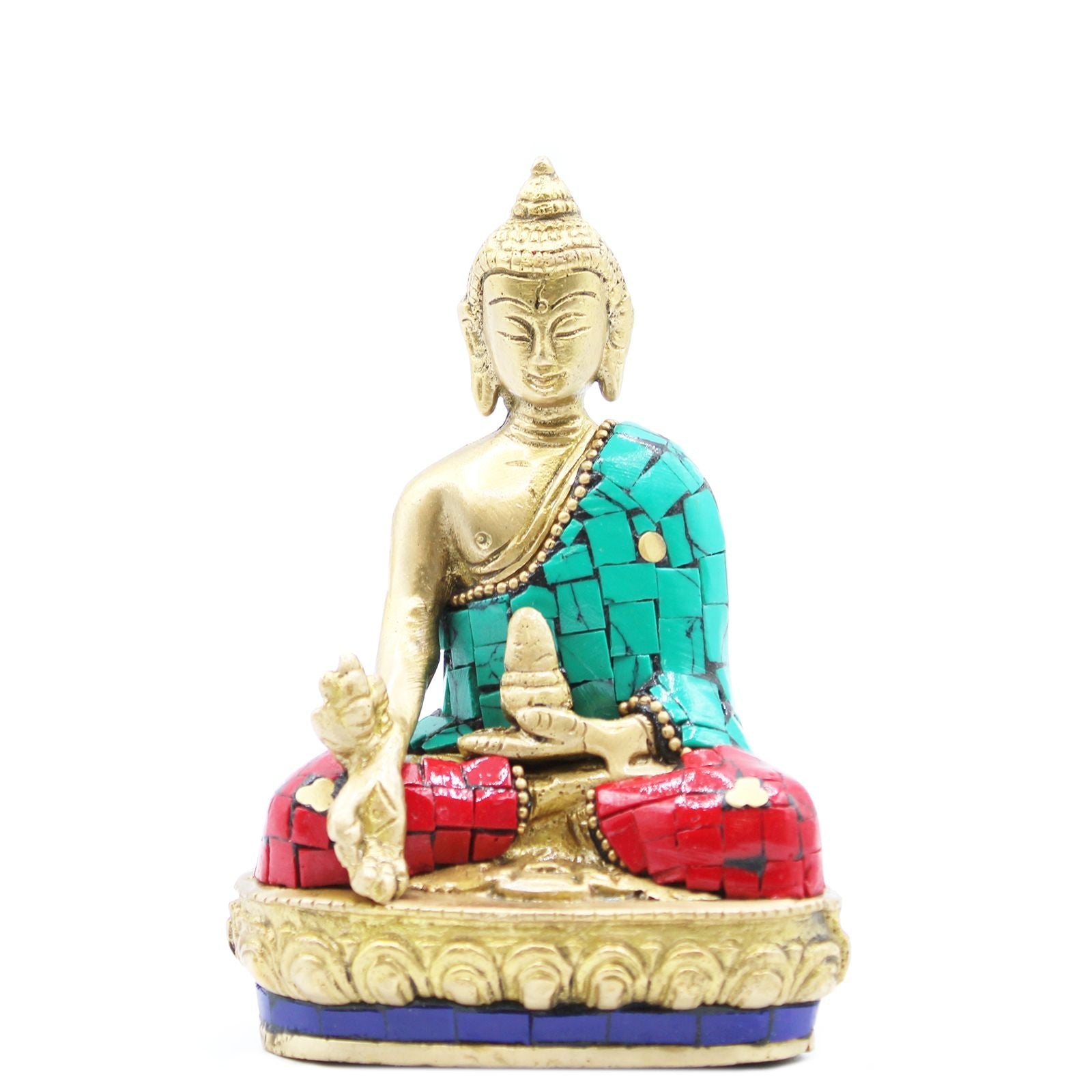 Handcrafted Brass Buddha Figure – Hands Down 11.5 CM, seated brass statue with turquoise and red stone inlay on decorative base