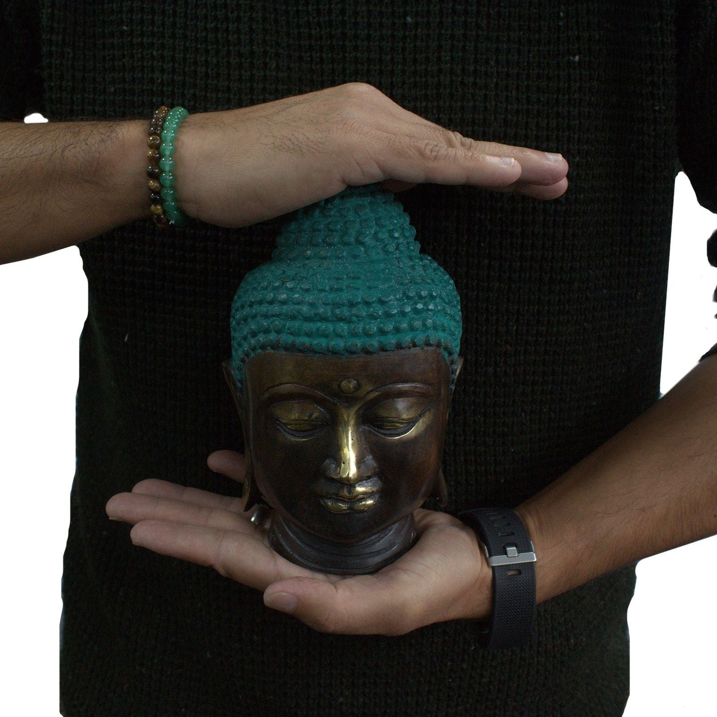 Cabeza de Buda artesanal de latón – 15x7x6 CM sostenida en manos, estatua de cabeza de Buda de latón con parte superior turquesa texturizada