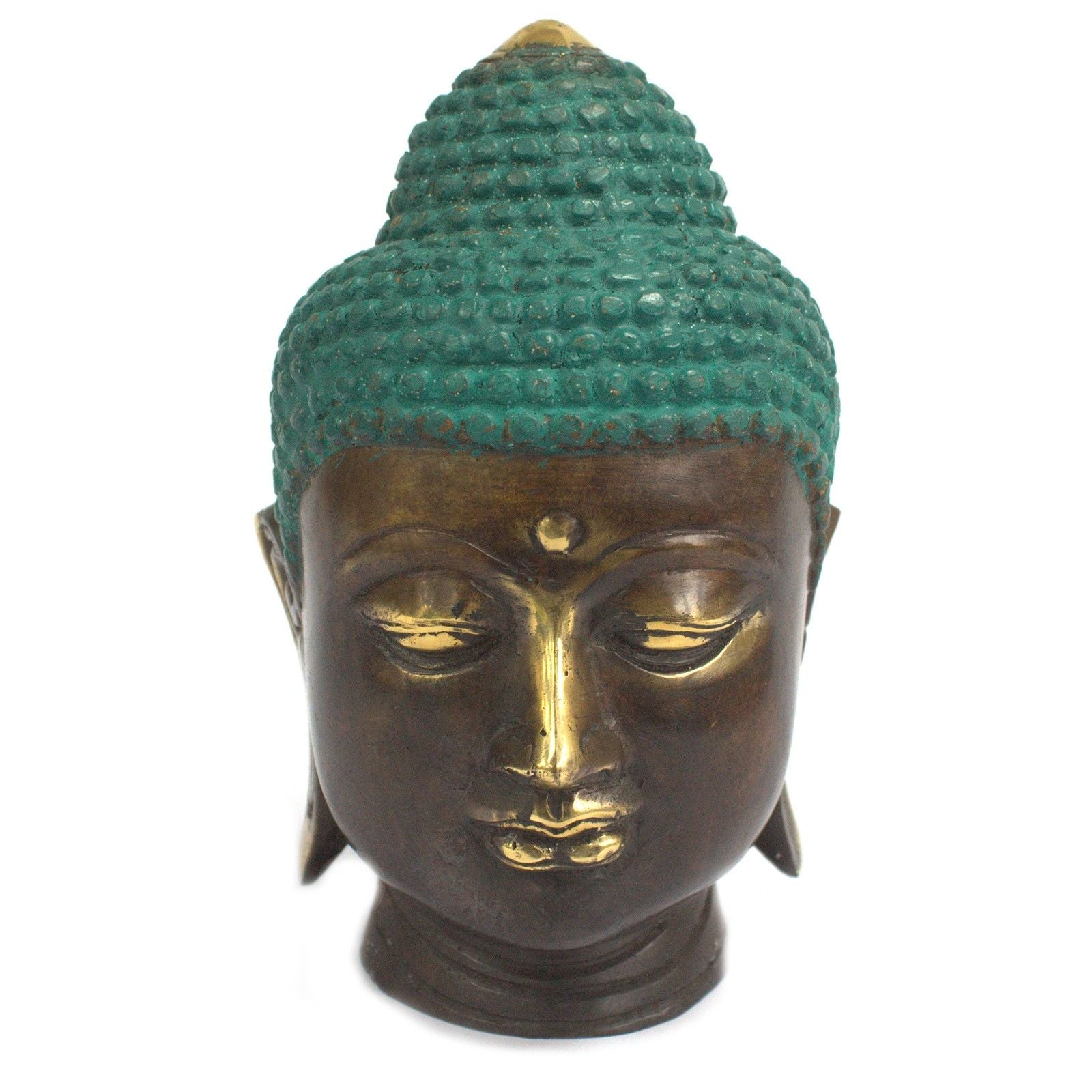 Cabeza de Buda artesanal de latón – 15x7x6 CM, estatua de cabeza de Buda de latón con cabello texturizado en color teal y serenos detalles faciales