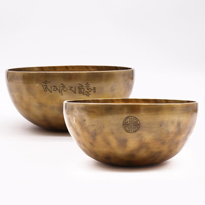 Alt Tag: Handcrafted Brass Singing Bowl – Extra Large 22CM, set of two brass Tibetan singing bowls with engraved symbols, 22cm
