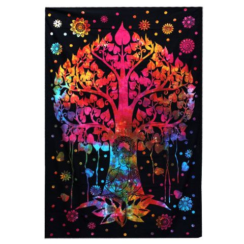 Handcrafted Cotton Bedspread – Bodhi Tree 230x200 CM, colorful Bodhi tree and meditating Buddha print on black cotton bedspread