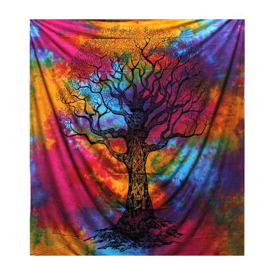 Handcrafted Cotton Bedspread – Winter Tree 230x200 CM with multicolor tie-dye background and black tree silhouette design