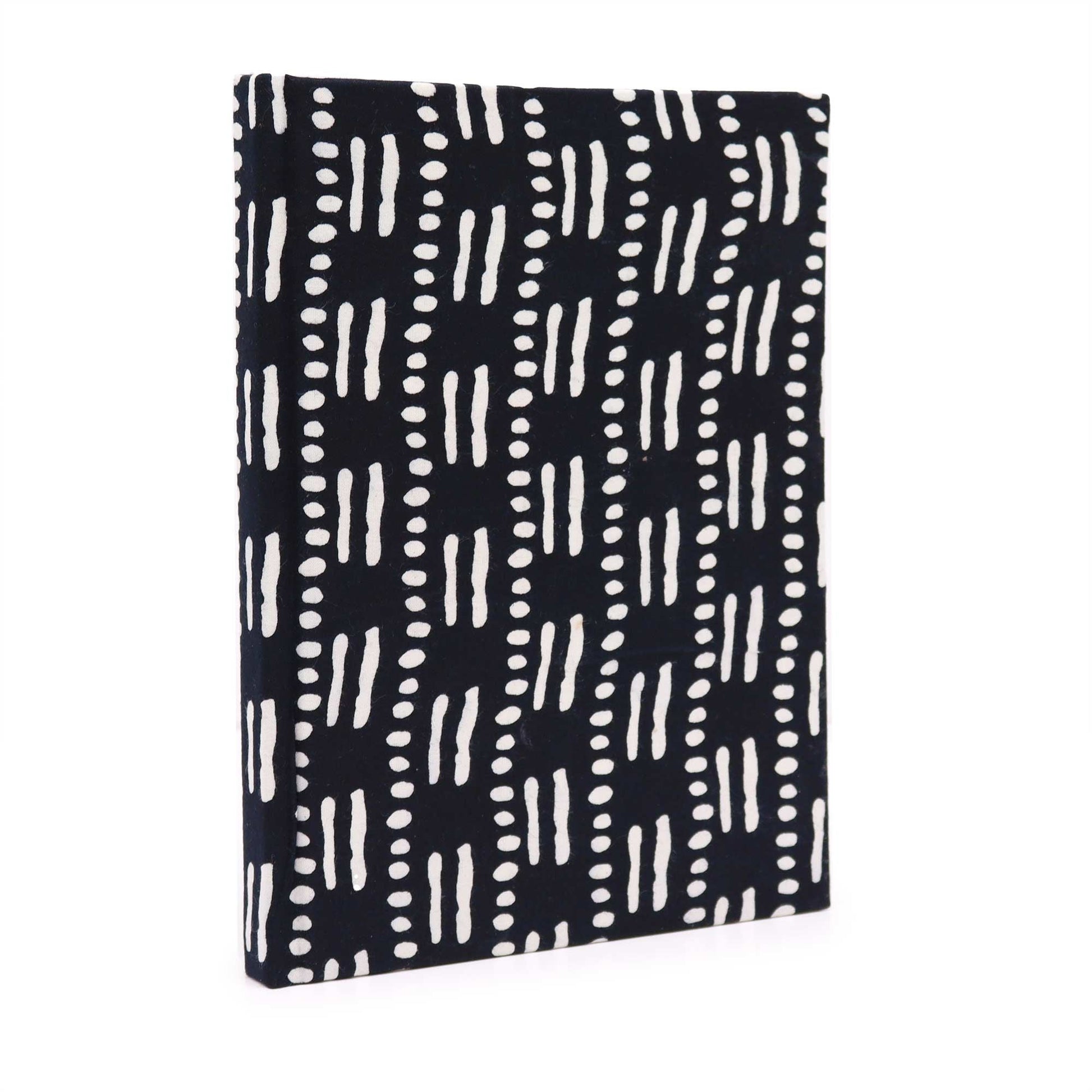 Alt Tag: Handcrafted Cotton Notebook – 20x15 CM – Black Dots & Dashes, black cotton cover with white dotted and dashed pattern