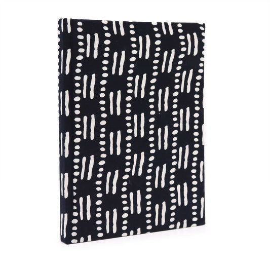 Alt Tag: Handcrafted Cotton Notebook – 20x15 CM – Black Dots & Dashes, black cotton cover with white dotted and dashed pattern