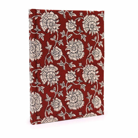 Alt Tag: Handcrafted Cotton Notebook – 20x15 CM Burgundy Floral, burgundy cover with white floral print, handmade paper notebook