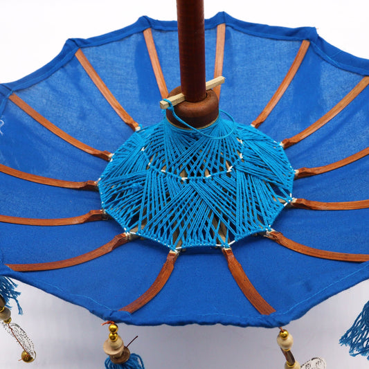 Alt Tag: Handcrafted Cotton Parasol – Blue 40CM, blue cotton parasol underside with wooden ribs, woven center and hanging tassels
