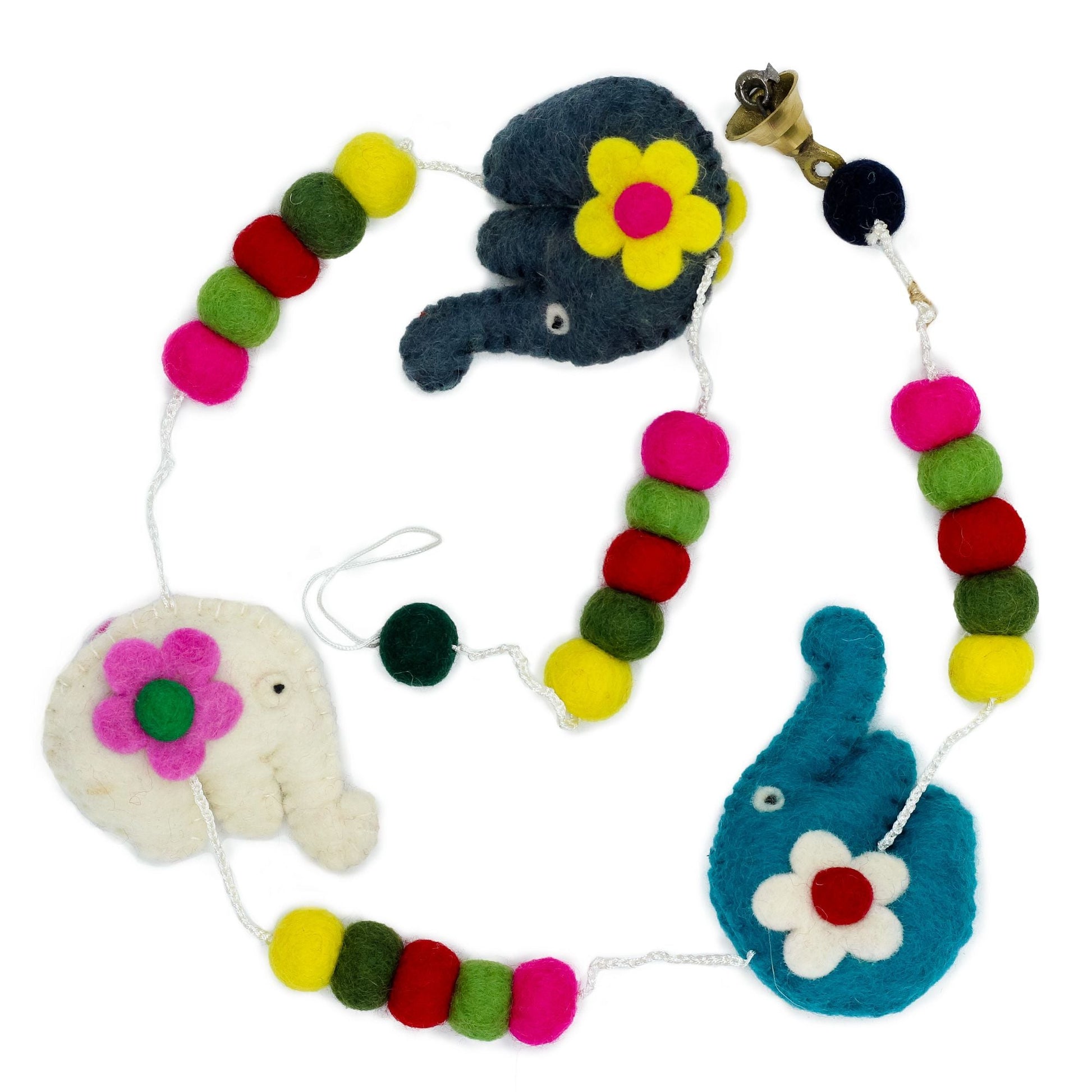 Handcrafted Felt Elephant Wall Hanging – 110 CM with colorful felt elephants and pom-pom garland, handmade Nepalese decor