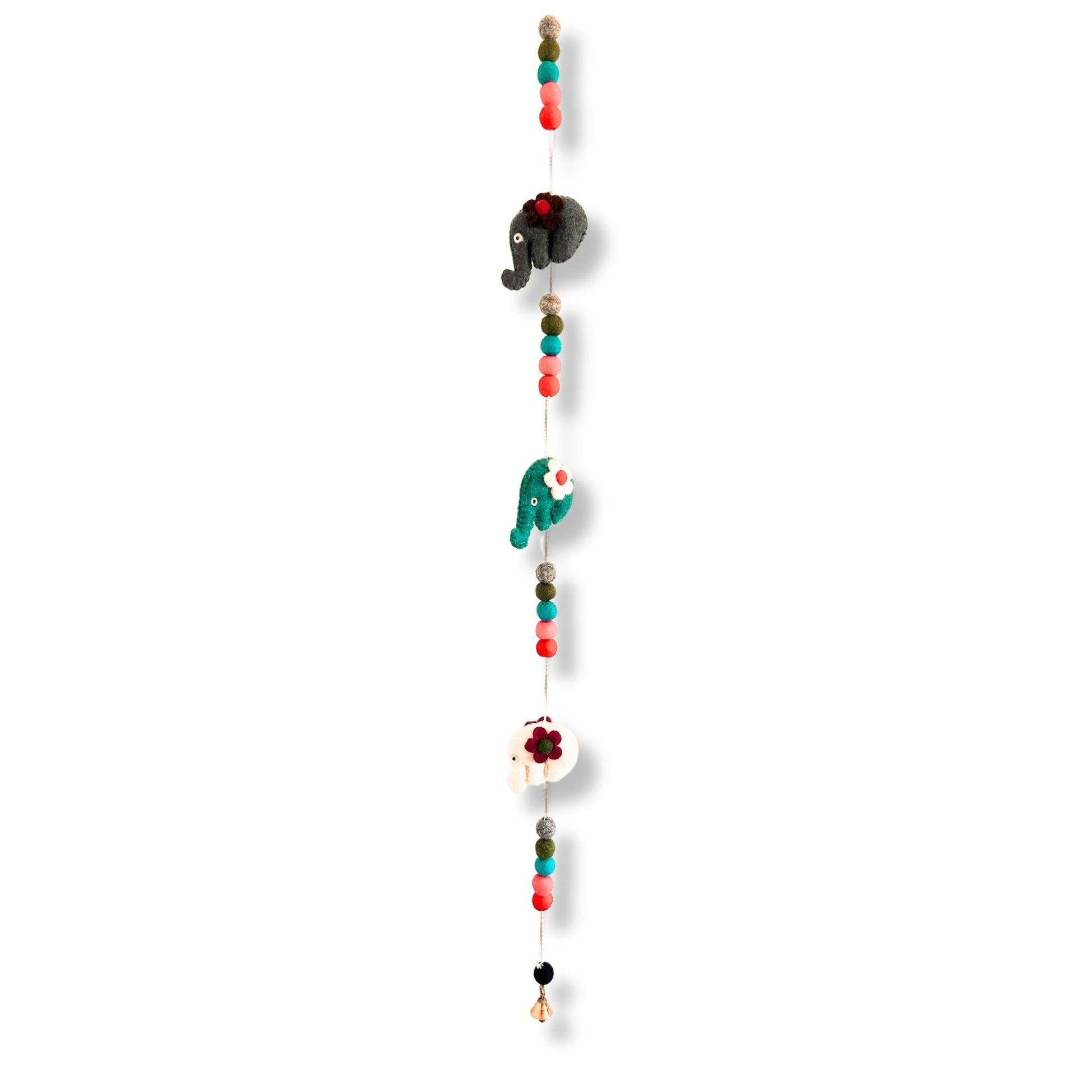 Handcrafted Felt Elephant Wall Hanging – 110 CM, Nepalese felt elephant garland with colorful beads and floral accents