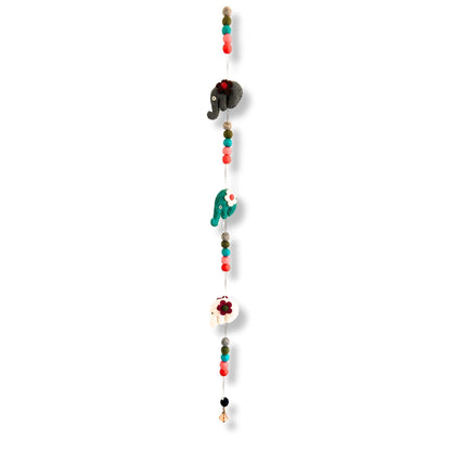 Handcrafted Felt Elephant Wall Hanging – 110 CM, Nepalese felt elephant garland with colorful beads and floral accents