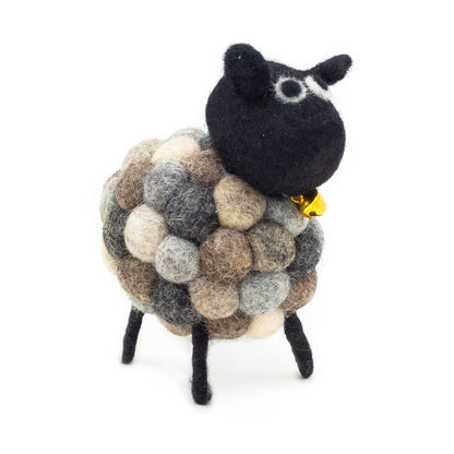 Handcrafted Felt Sheep Figurine – Multi Greys, handmade wool felt sheep decor with black head, grey tones, metal bell, 12x8x10 cm