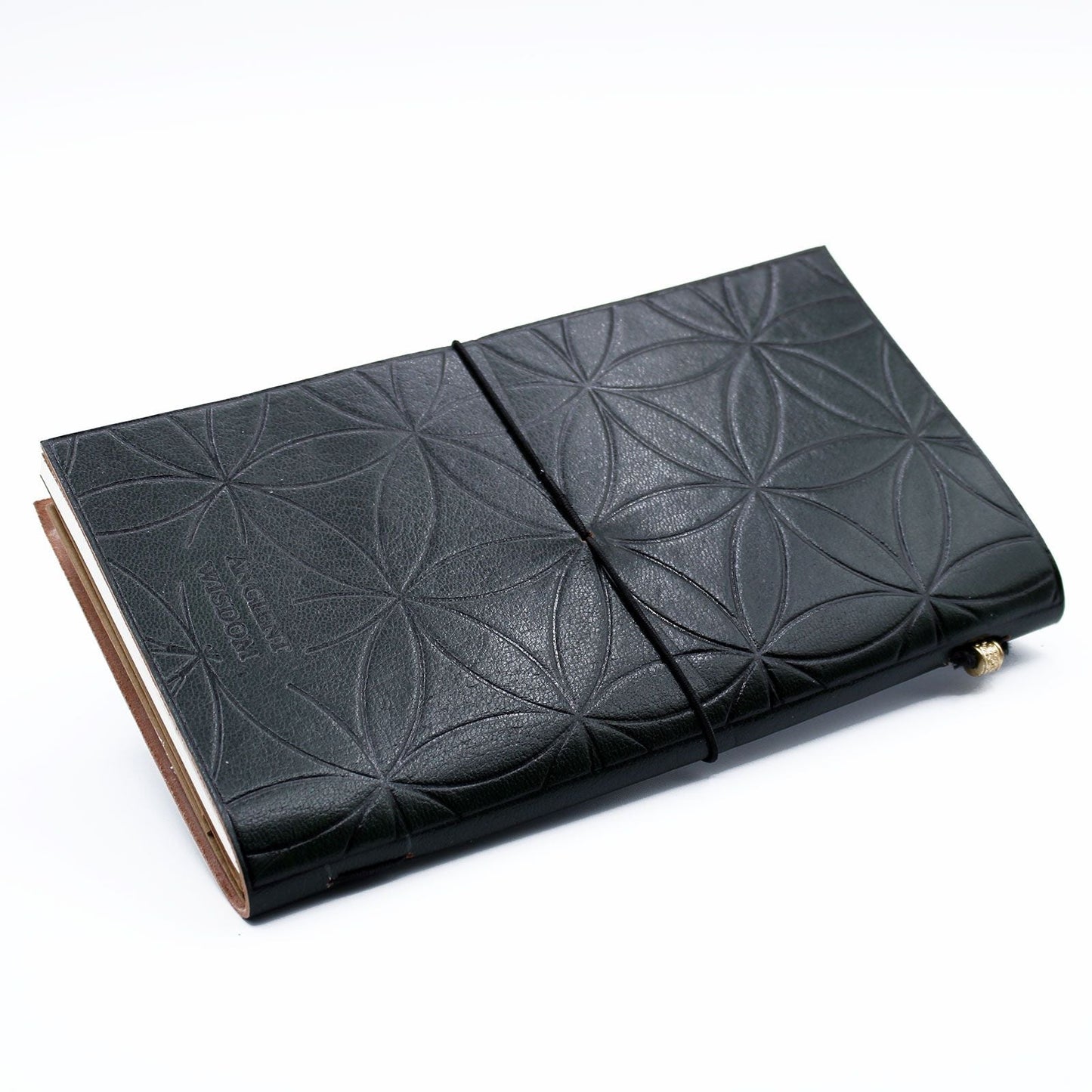 Alt Tag: Handcrafted Green Leather Journal – 80 Pages, leather journal with embossed geometric cover and wraparound cord closure