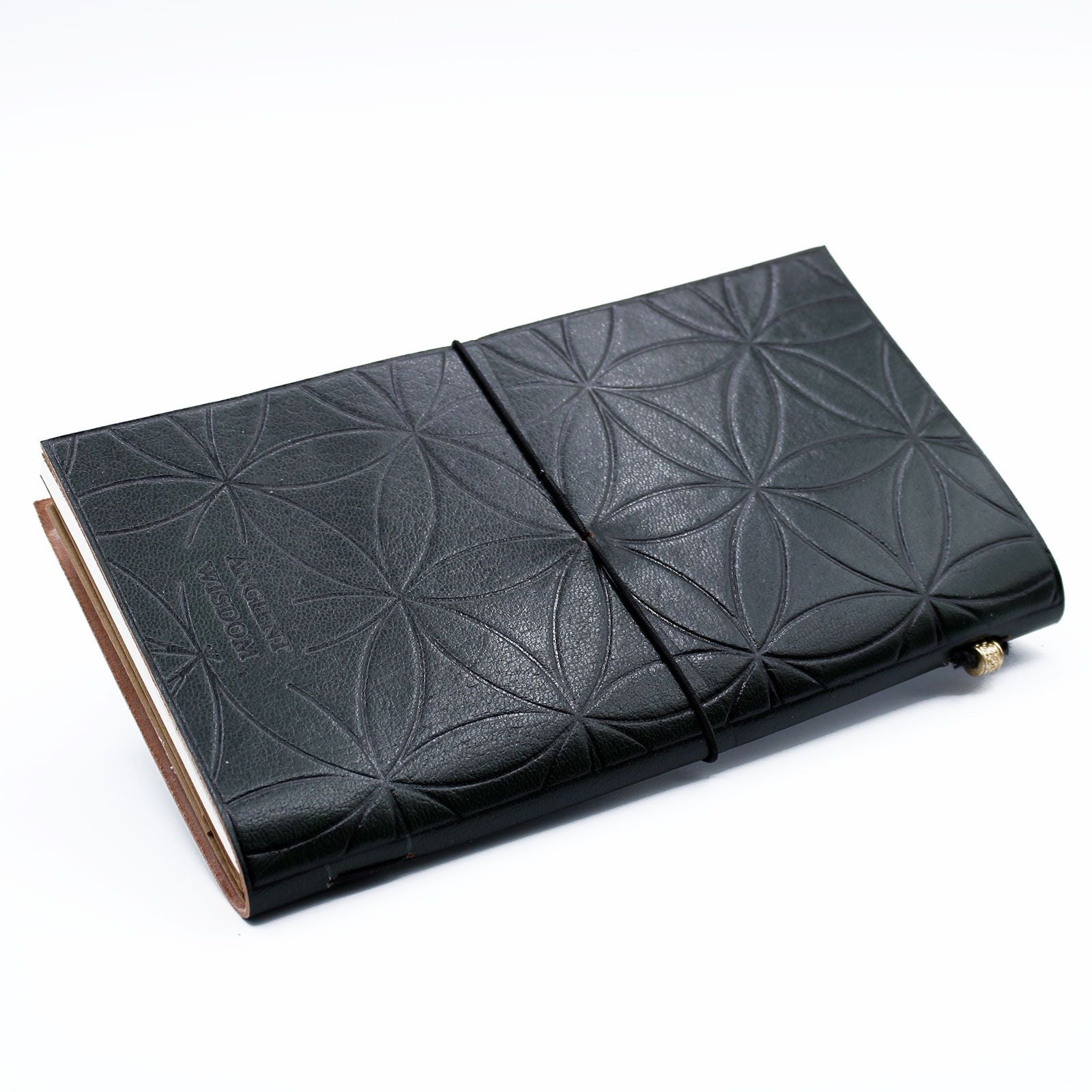 Alt Tag: Handcrafted Green Leather Journal – 80 Pages, leather journal with embossed geometric cover and wraparound cord closure