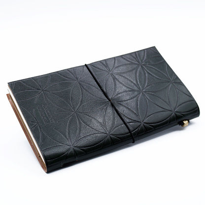 Alt Tag: Handcrafted Green Leather Journal – 80 Pages, leather journal with embossed geometric cover and wraparound cord closure