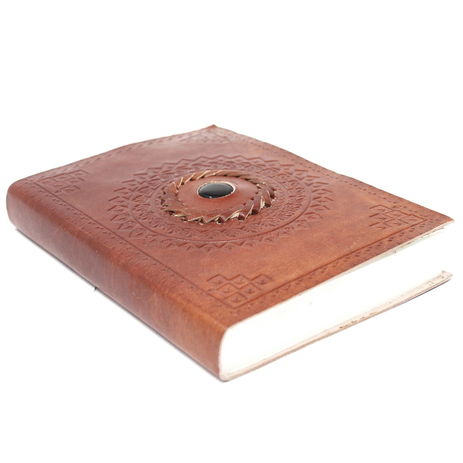 Leather Black Onyx Notebook – 17x12 CM, cuaderno artesanal de cuero marrón con relieve decorativo y piedra ónix negra en la tapa
