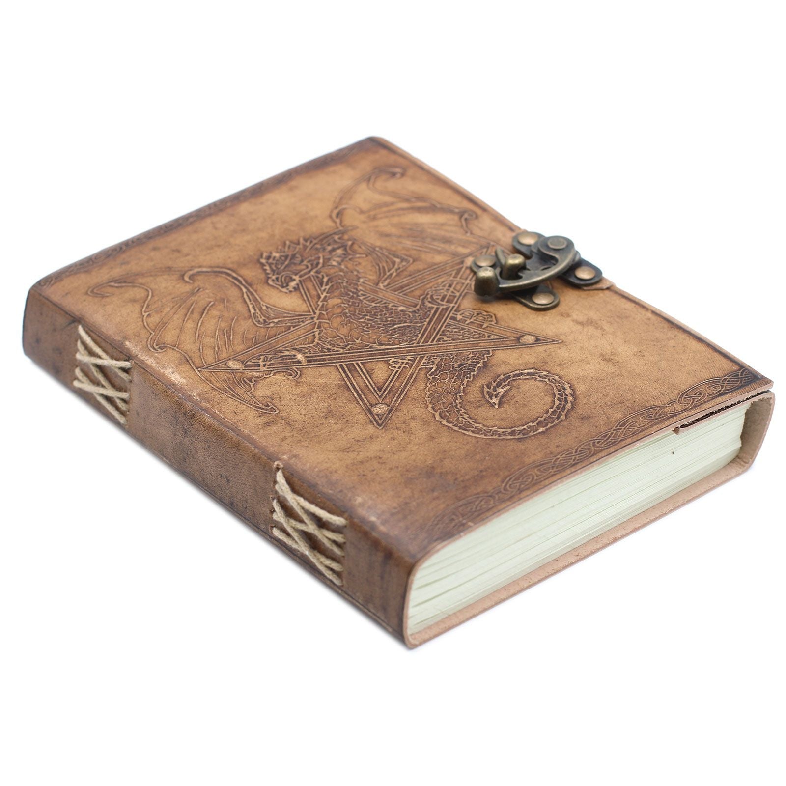 Handcrafted Leather Dragon Notebook – 20x15 CM brown leather journal with embossed dragon design and metal clasp, angled view