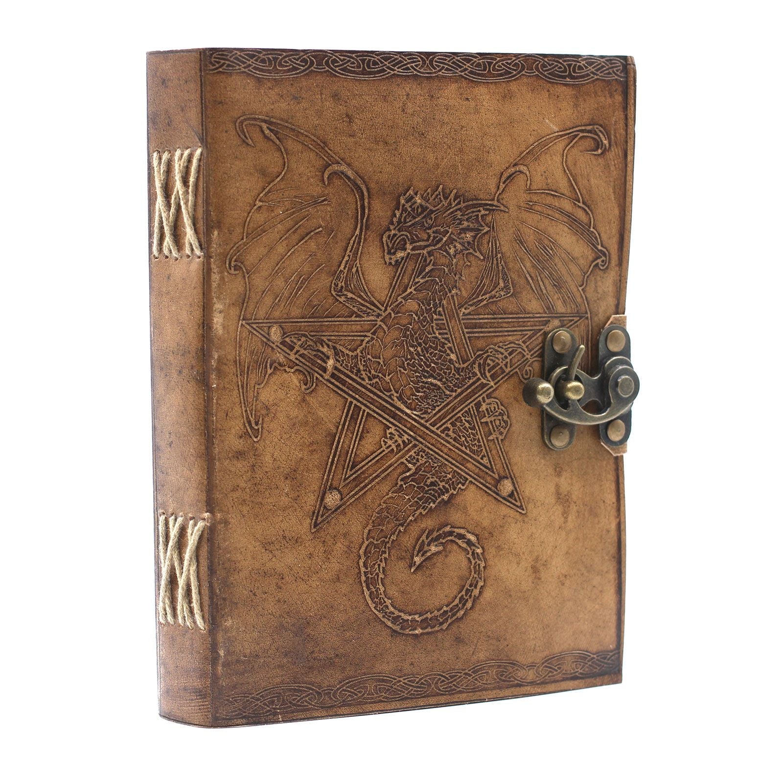 Alt Tag: Handcrafted Leather Dragon Notebook – 20x15 CM, brown leather journal with embossed dragon and pentagram cover, metal clasp closure