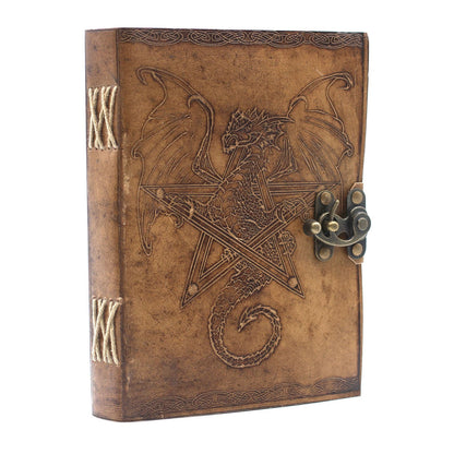 Alt Tag: Handcrafted Leather Dragon Notebook – 20x15 CM, brown leather journal with embossed dragon and pentagram cover, metal clasp closure
