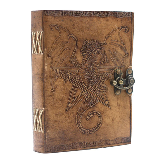 Alt Tag: Handcrafted Leather Dragon Notebook – 20x15 CM, brown leather journal with embossed dragon and pentagram cover, metal clasp closure