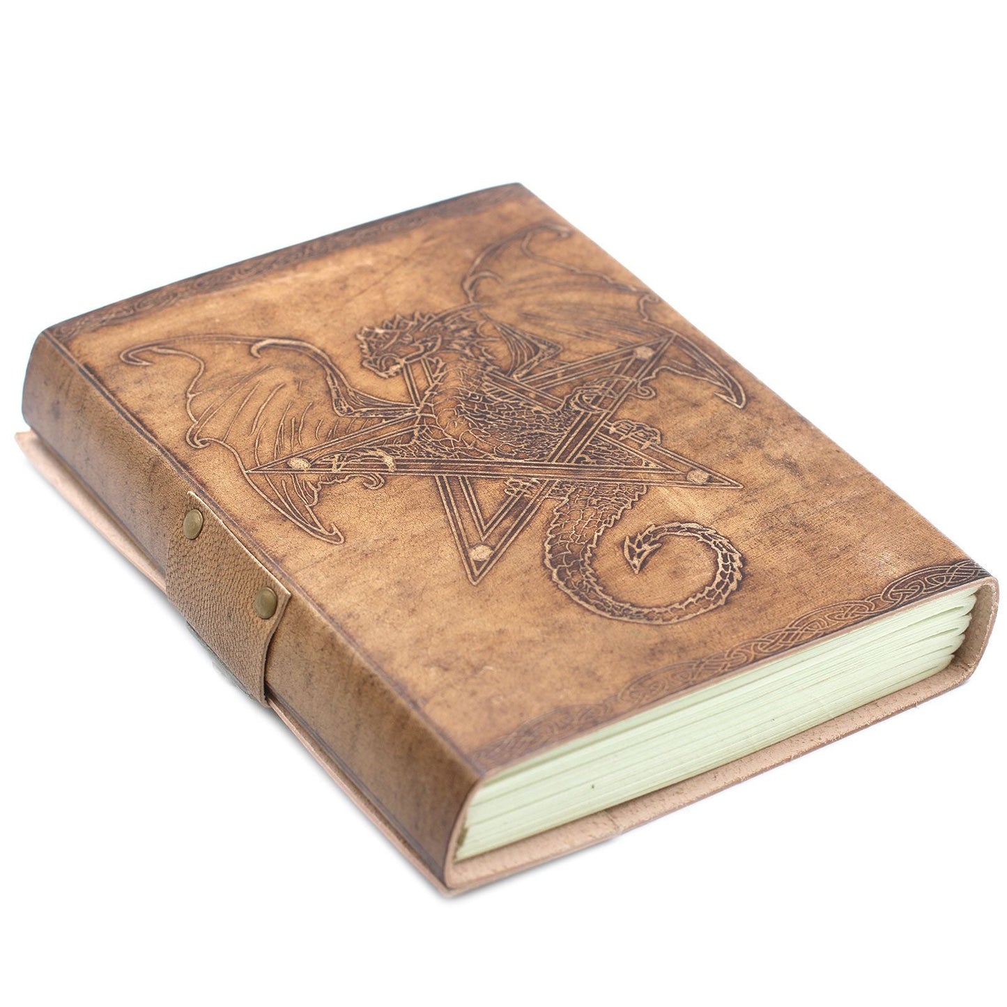 Alt Tag: Handcrafted Leather Dragon Notebook – 20x15 CM, brown leather journal with embossed dragon cover and strap closure
