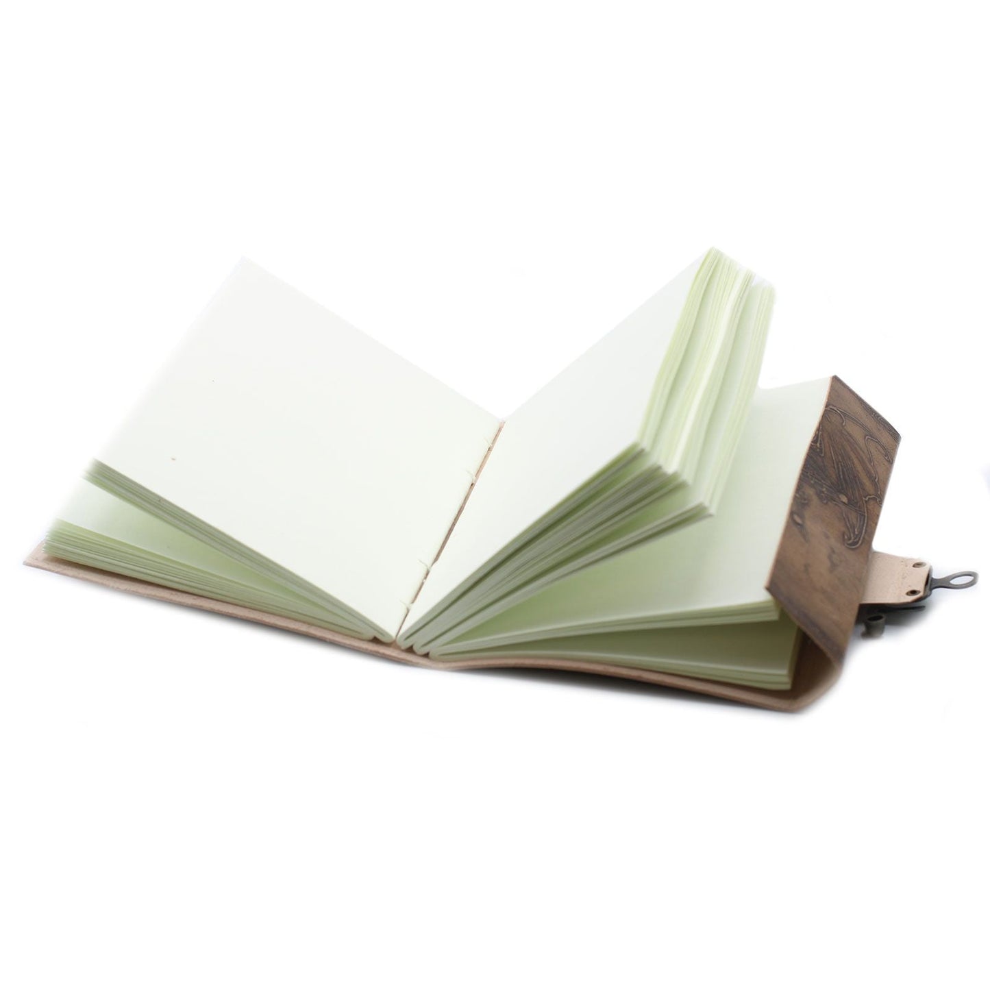 Alt Tag: Handcrafted Leather Dragon Notebook – 20x15 CM open view showing blank pages and leather cover