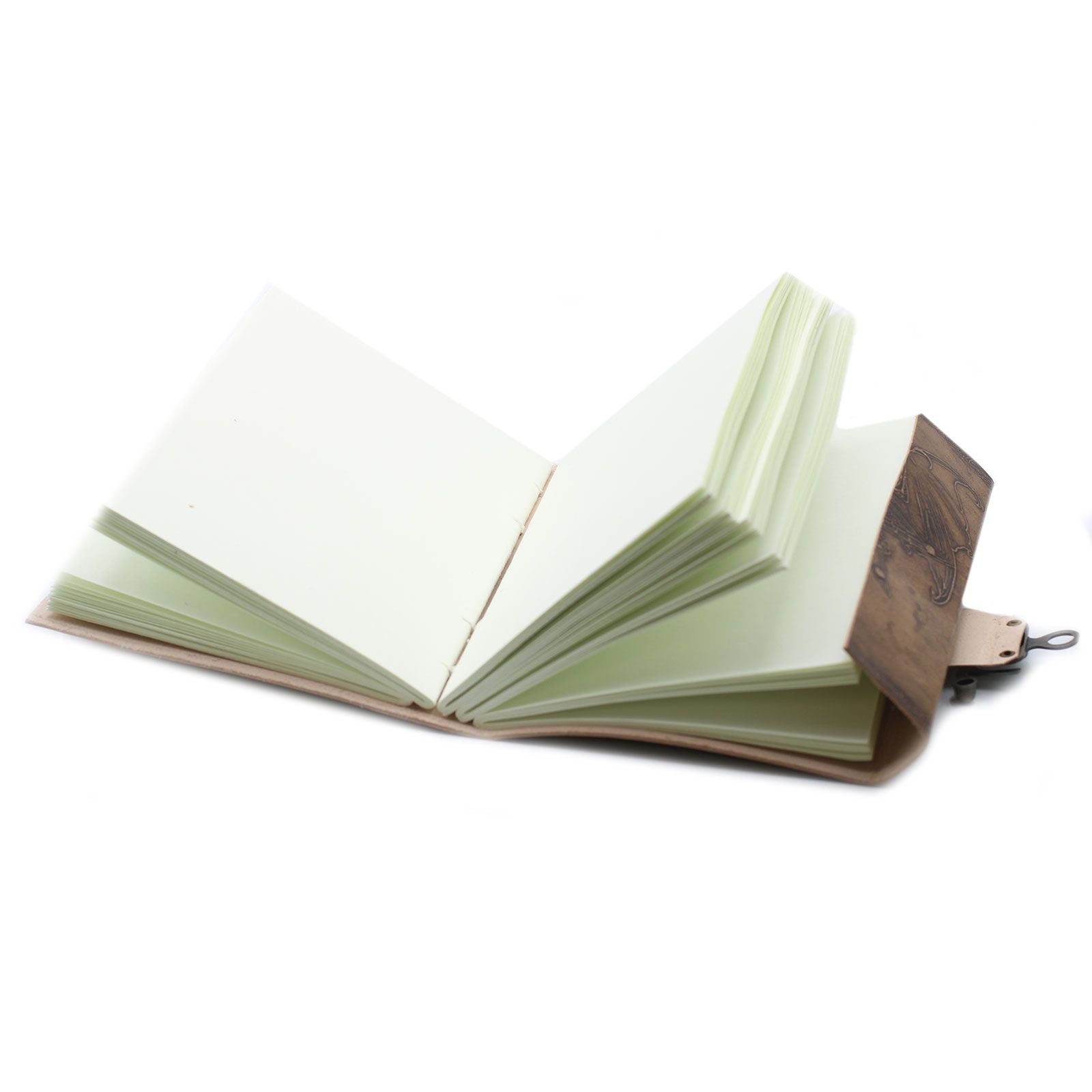 Alt Tag: Handcrafted Leather Dragon Notebook – 20x15 CM open view showing blank pages and leather cover