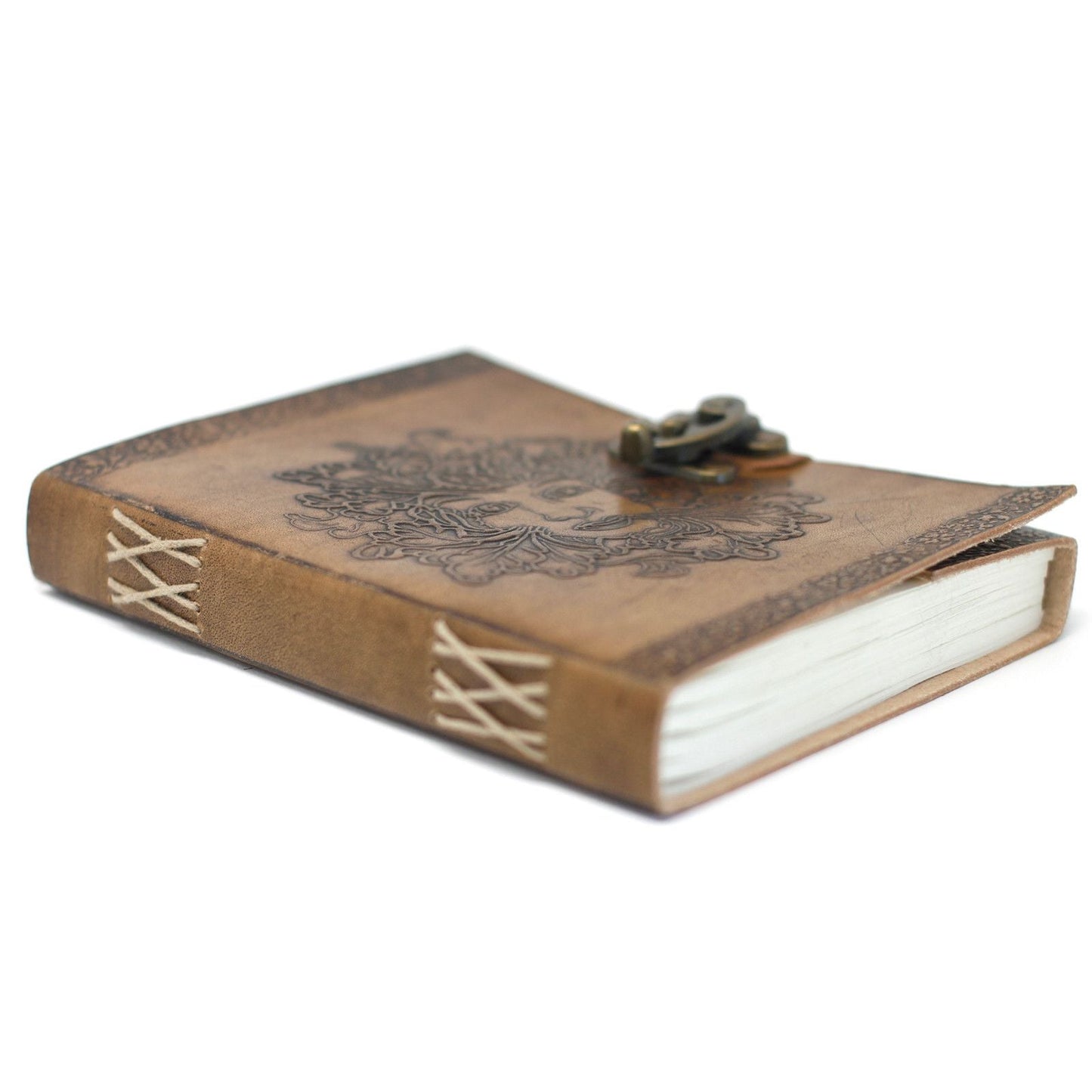 Cuaderno Greenman de cuero hecho a mano – 200 páginas, 20x15 CM, cuaderno de cuero artesanal con grabado y cierre, vista en ángulo