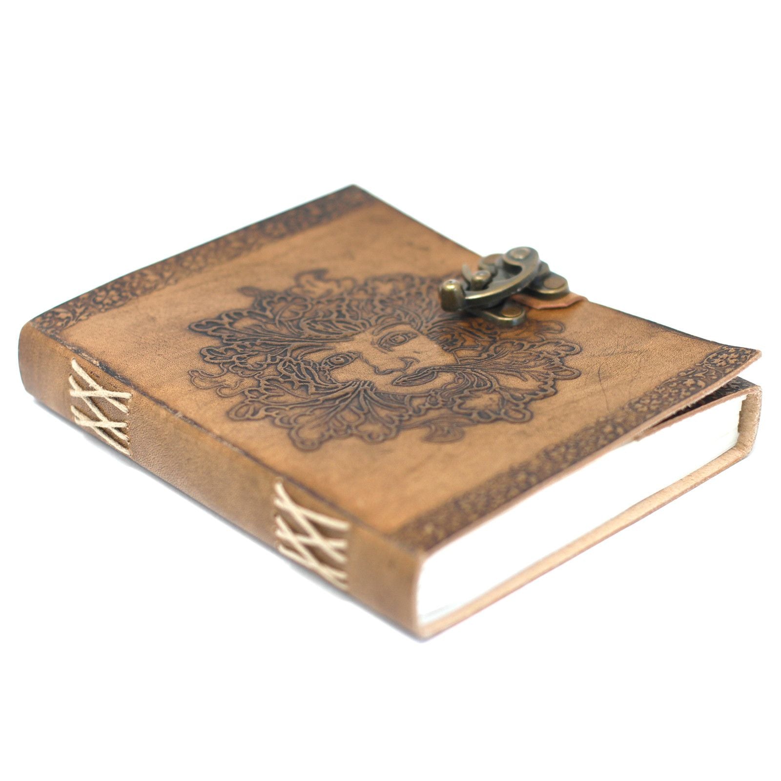 Cuaderno artesanal de cuero Greenman – 200 páginas, 20x15 CM, cuaderno de cuero artesanal marrón con grabado Greenman y cierre metálico