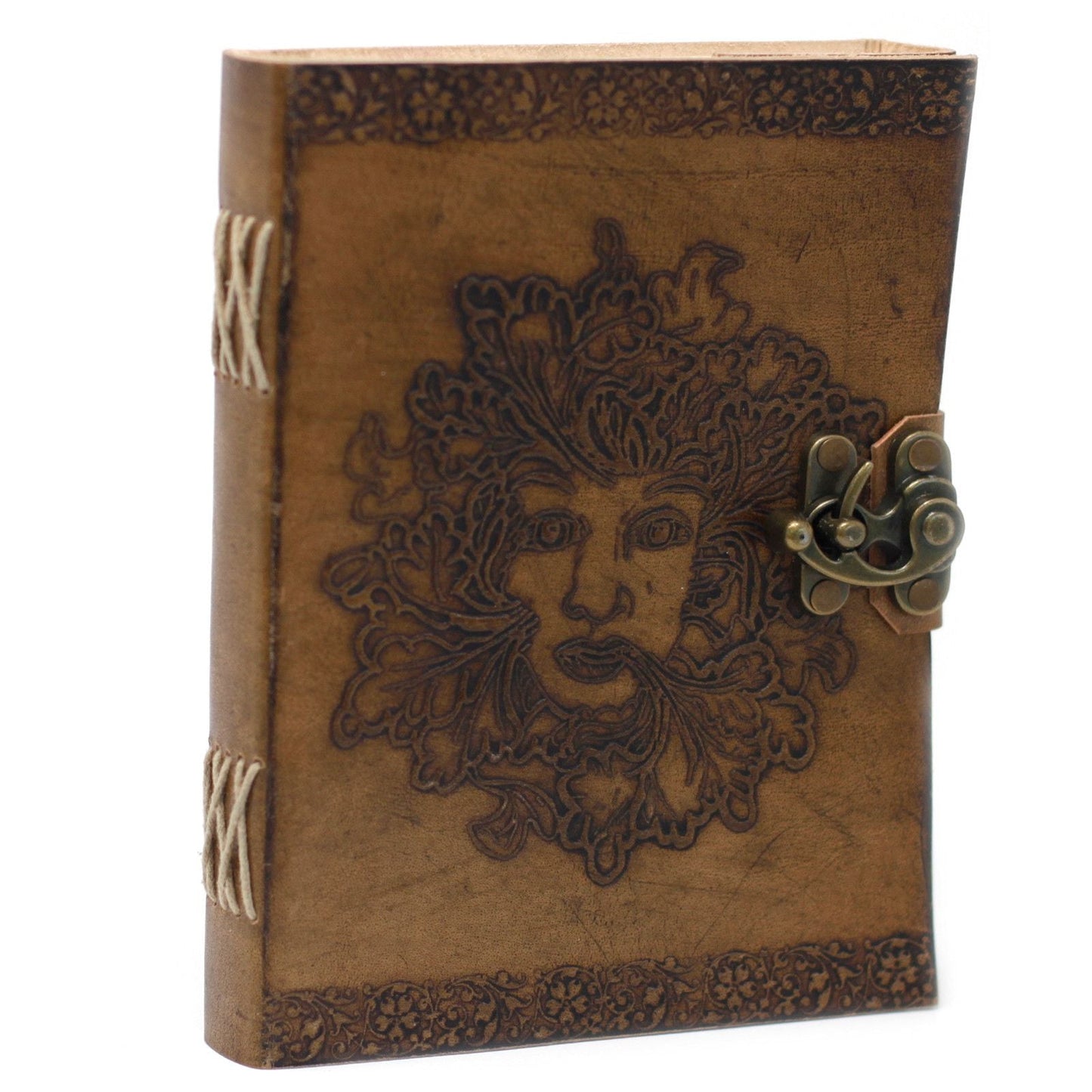 Cuaderno Greenman de cuero hecho a mano – 200 páginas, 20x15 CM, con rostro Greenman grabado en relieve, cubierta de cuero marrón y cierre con broche metálico