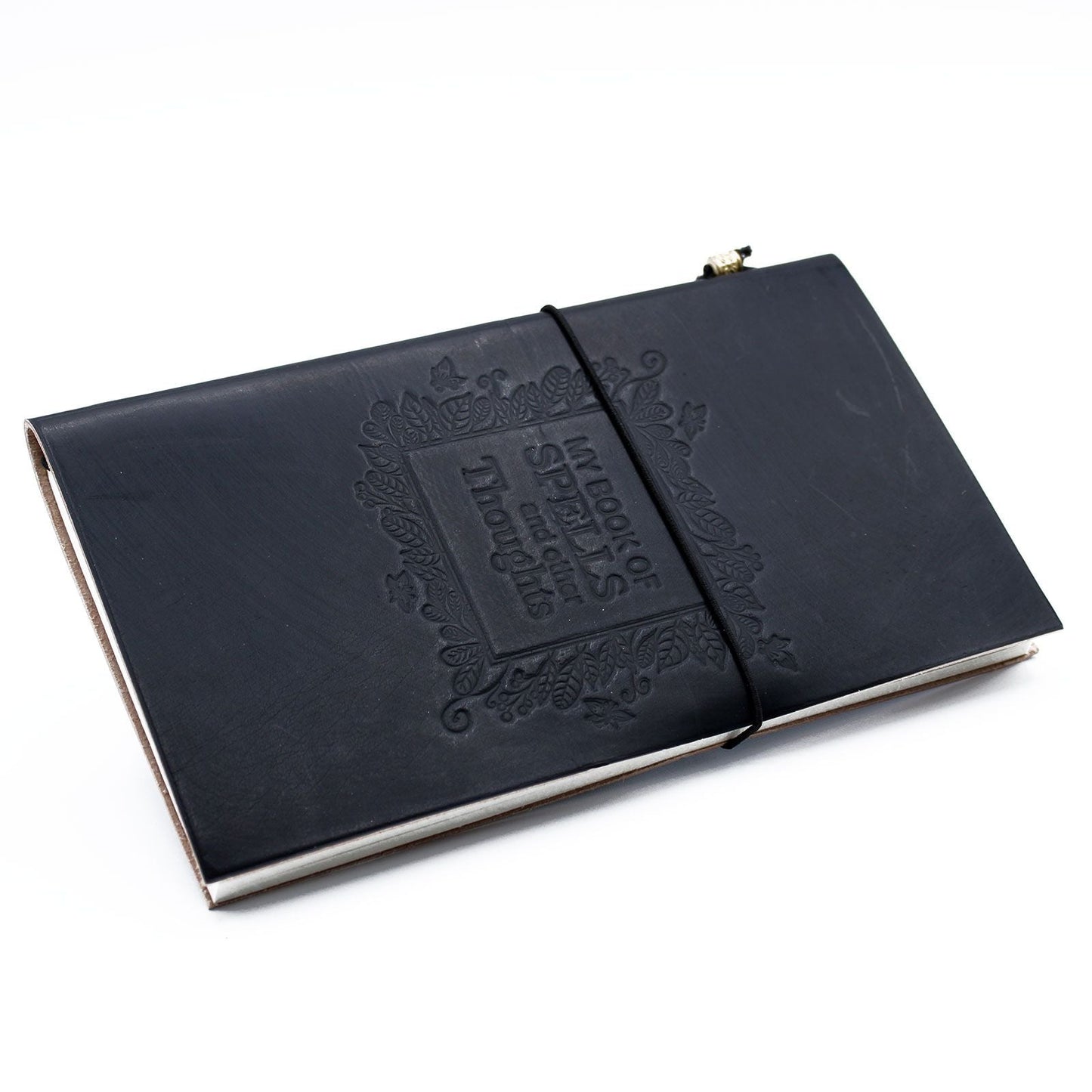 Handcrafted Leather Journal – My Book of Spells, Black with embossed cover design and elastic band closure, 22x12 cm