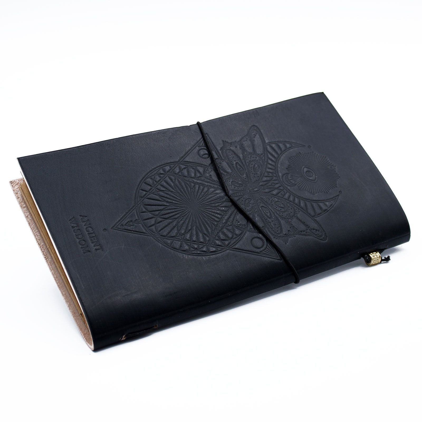 Alt Tag: Handcrafted Leather Journal – My Book of Spells, Black, black leather journal with embossed design and wrap cord closure