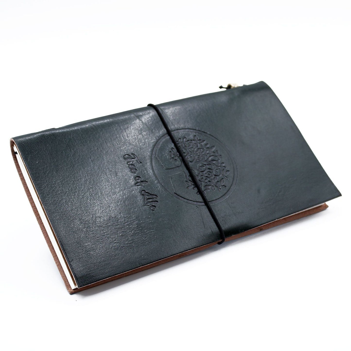 Alt Tag: Handgjord läderjournal – Tree of Life, grön (80 sidor), äkta läderomslag med Tree of Life-prägling, 22x12 cm
