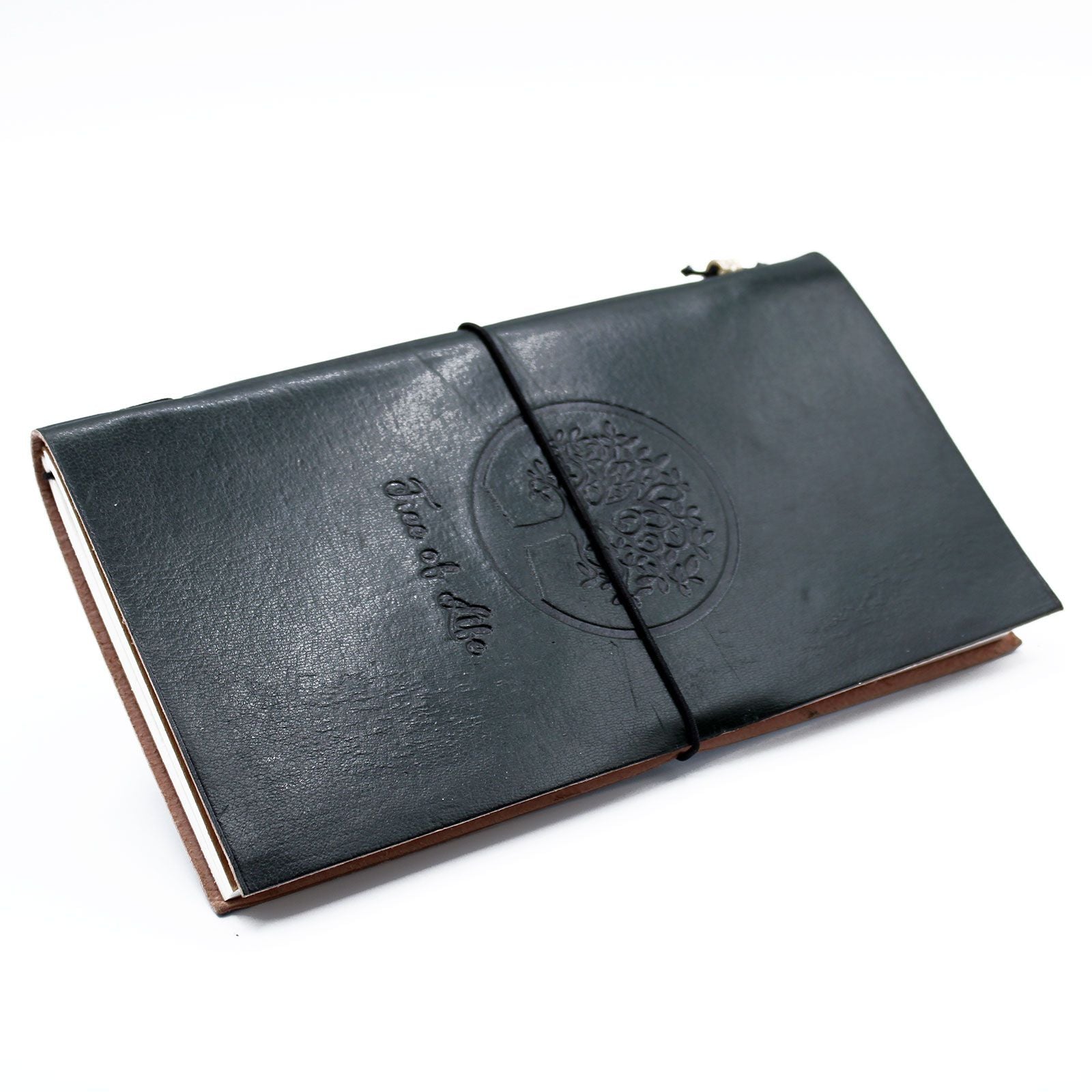 Alt Tag: Handgjord läderjournal – Tree of Life, grön (80 sidor), äkta läderomslag med Tree of Life-prägling, 22x12 cm