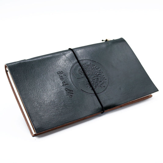 Alt Tag: Handcrafted Leather Journal – Tree of Life, Green (80 Pages), genuine leather cover with Tree of Life embossing, 22x12 cm