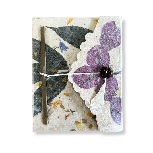 Handcrafted Lokta Notebook – Large 15x12 CM, Lokta paper cover with pressed purple bougainvillea petals and button tie closure