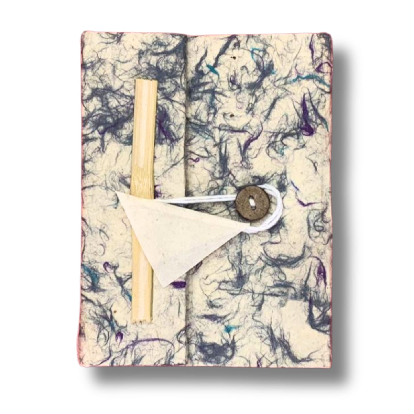 Alt Tag: Handcrafted Lokta Paper Notebook – 21x15 CM with mixed blue cotton fibre cover, button-and-string closure, 45 blank pages