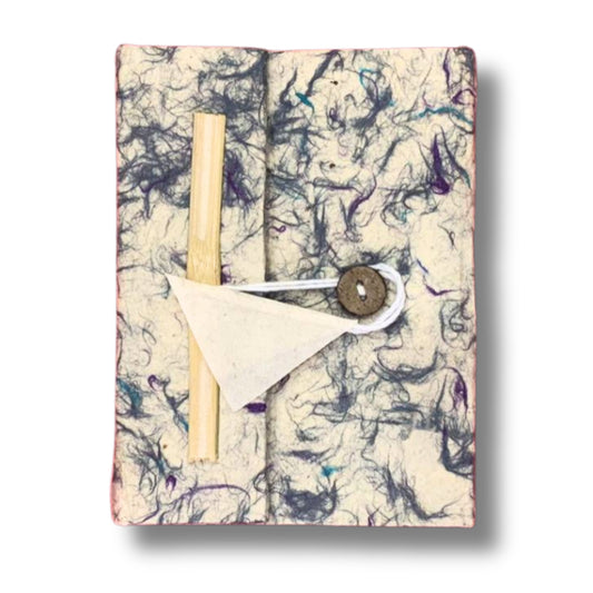 Alt Tag: Handcrafted Lokta Paper Notebook – 21x15 CM with mixed blue cotton fibre cover, button-and-string closure, 45 blank pages