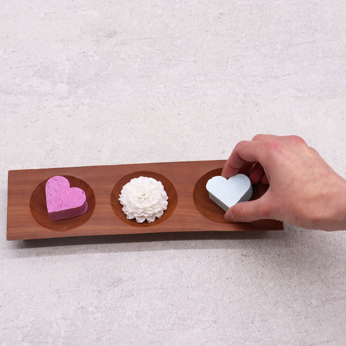 Handcrafted Mahogany Soap Dish – Three-Bay Design with drainage slots, holding three soaps; hand placing heart-shaped soap