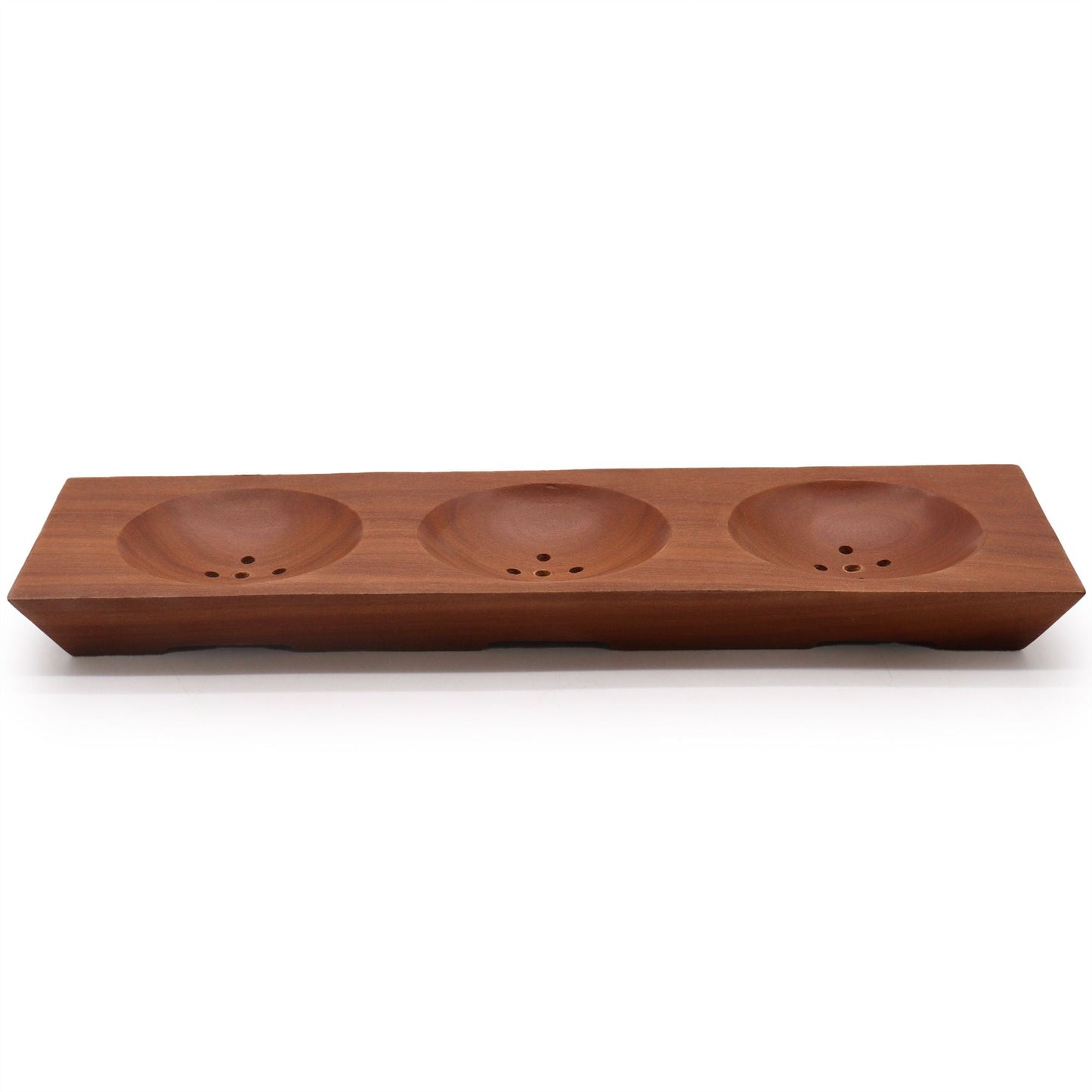Handcrafted Mahogany Soap Dish – Three-Bay Design, handcrafted wooden soap holder with 3 round bays and drainage holes