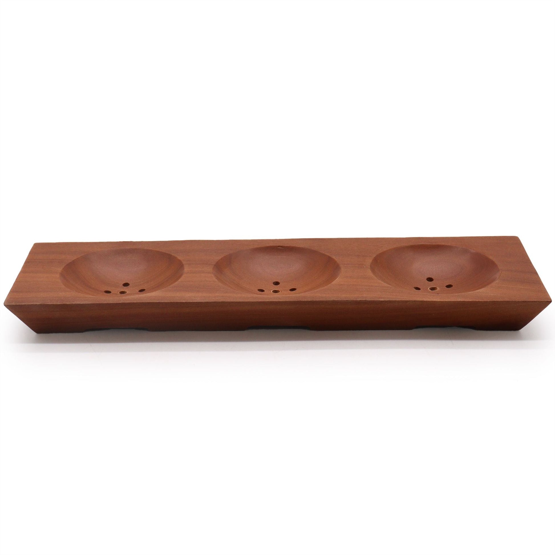 Handcrafted Mahogany Soap Dish – Three-Bay Design, handcrafted wooden soap holder with 3 round bays and drainage holes