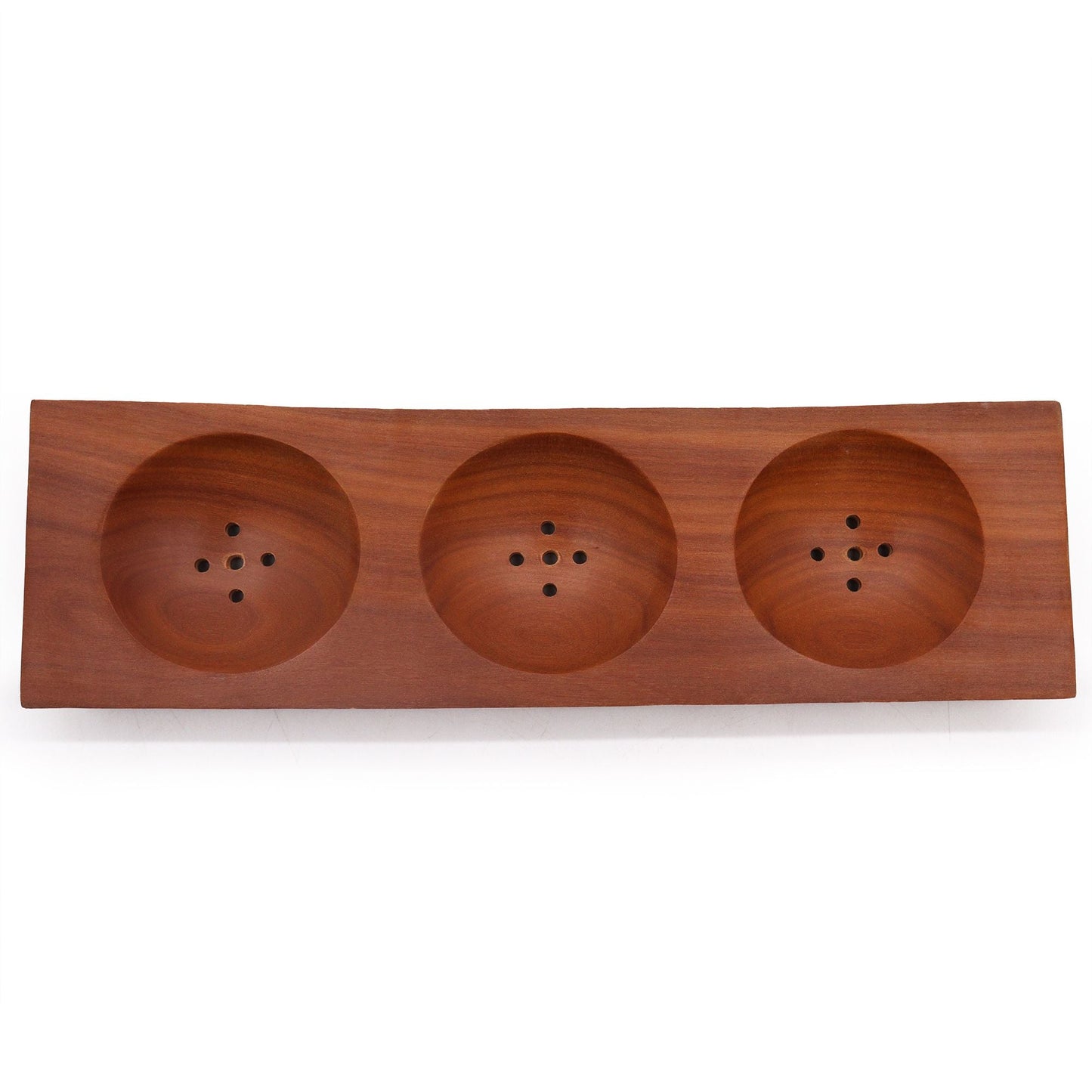 Alt Tag: Handcrafted Mahogany Soap Dish – Three-Bay Design with three round bays and drainage holes, wooden soap holder