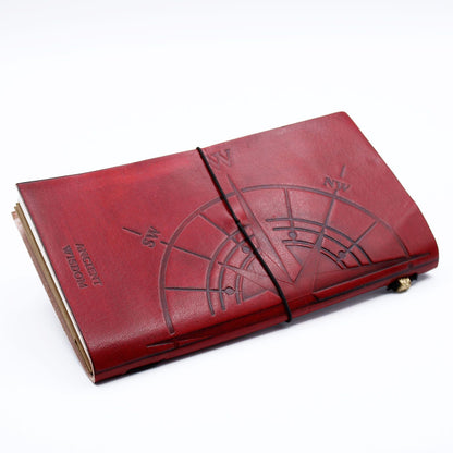 Alt Tag: Handcrafted Leather Journal – Red, 80 Pages, red leather cover with embossed compass design and wrap cord closure