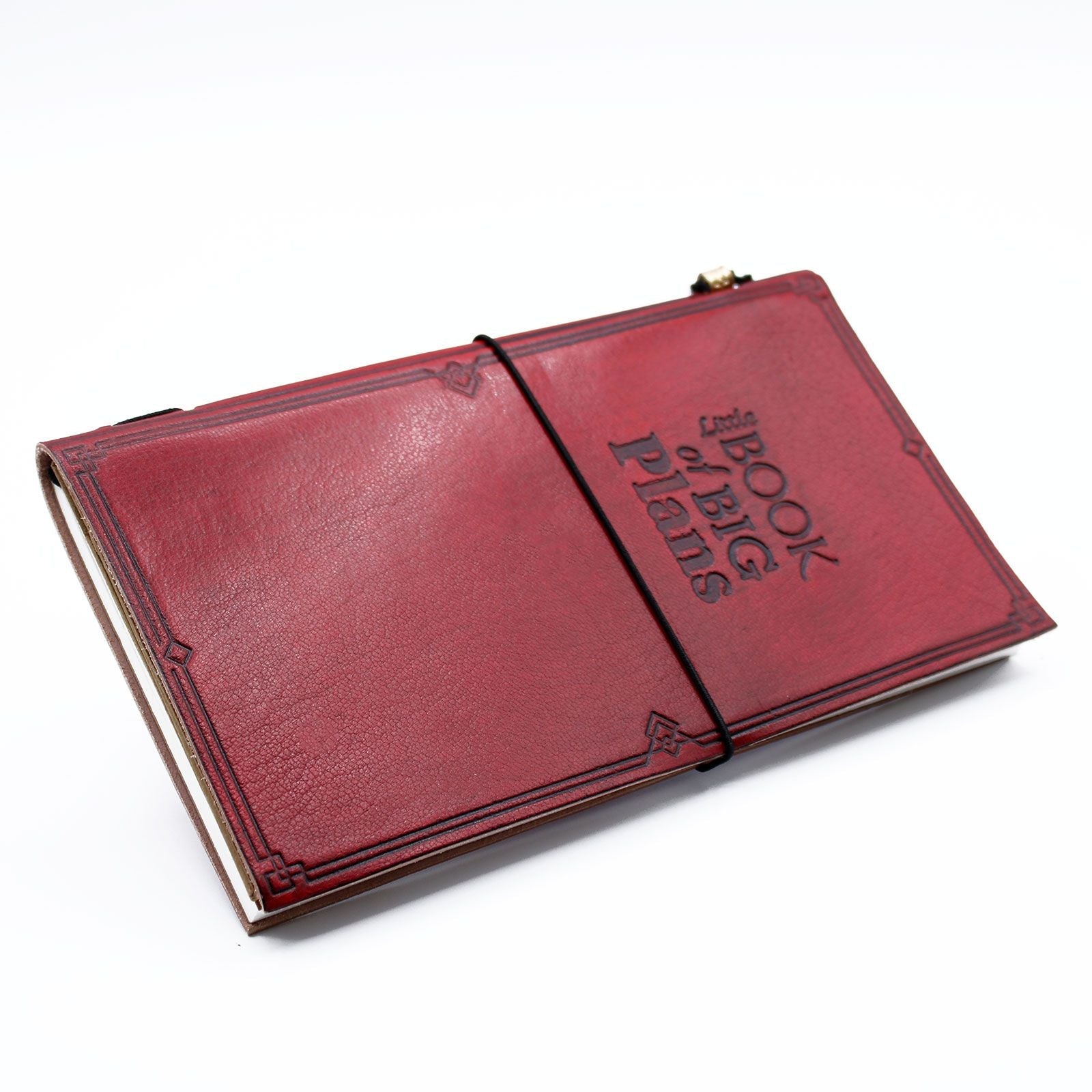 Handcrafted Leather Journal – Red, 80 Pages, red leather notebook with elastic band closure and embossed cover, 22x12 cm