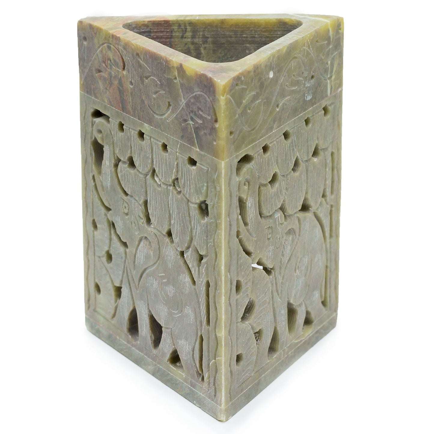 Handcrafted Soapstone Oil Burner – Elephant 11x9 CM, quemador de aceite de piedra jabón con tallado de elefantes y forma triangular