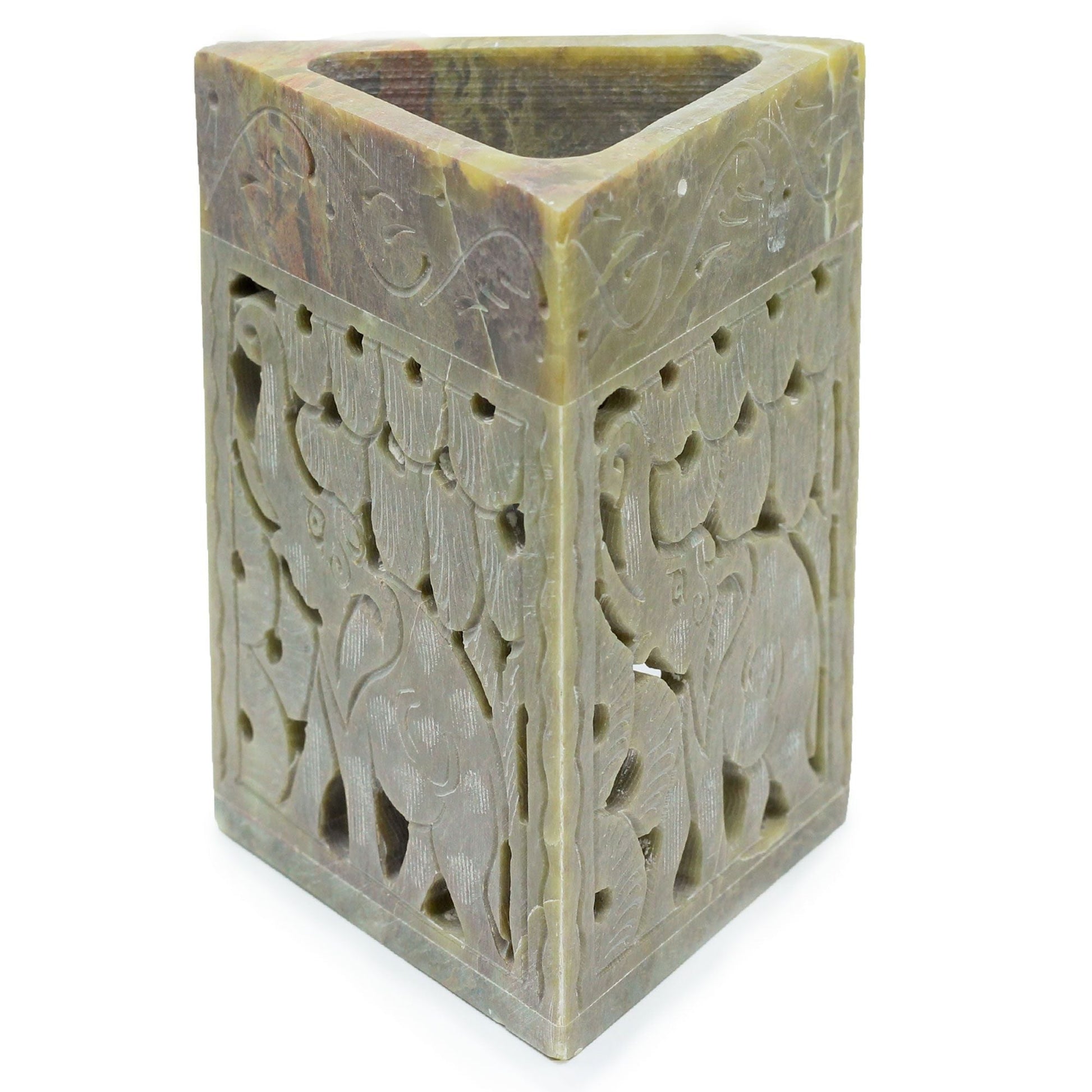 Handcrafted Soapstone Oil Burner – Elephant 11x9 CM, quemador de aceite de piedra jabón con tallado de elefantes y forma triangular