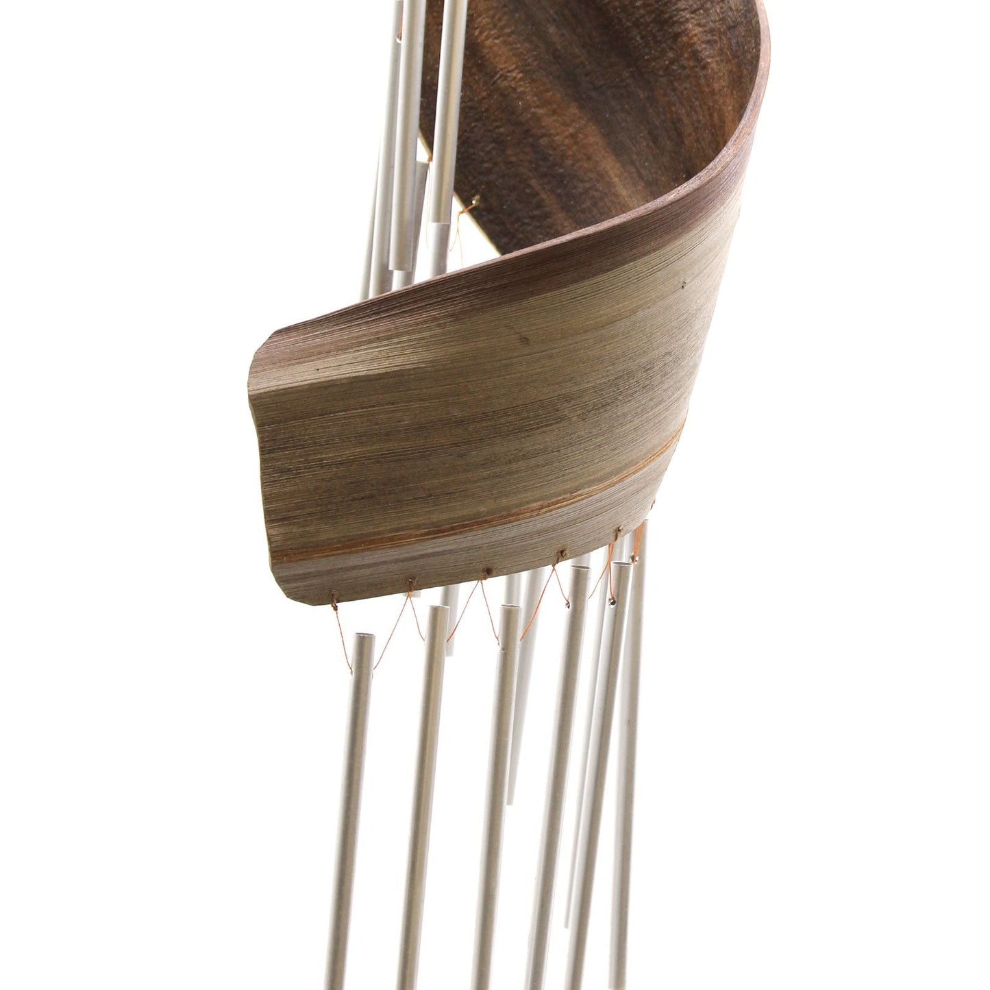 Alt Tag: Handmade Coconut Leaf Wind Chimes – 50x13 CM close-up of coconut leaf top and hanging metal tubes