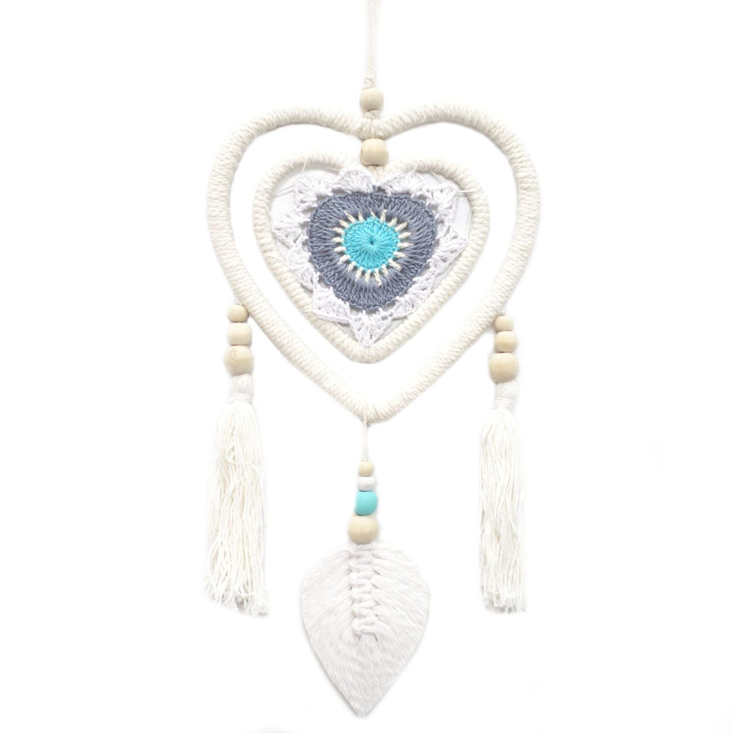 Cotton Dream Catcher – Medium Blue Heart Design handmade cotton heart-in-heart dreamcatcher with wooden beads and tassels