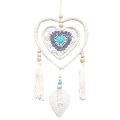 Cotton Dream Catcher – Medium Blue Heart Design handmade cotton heart-in-heart dreamcatcher with wooden beads and tassels