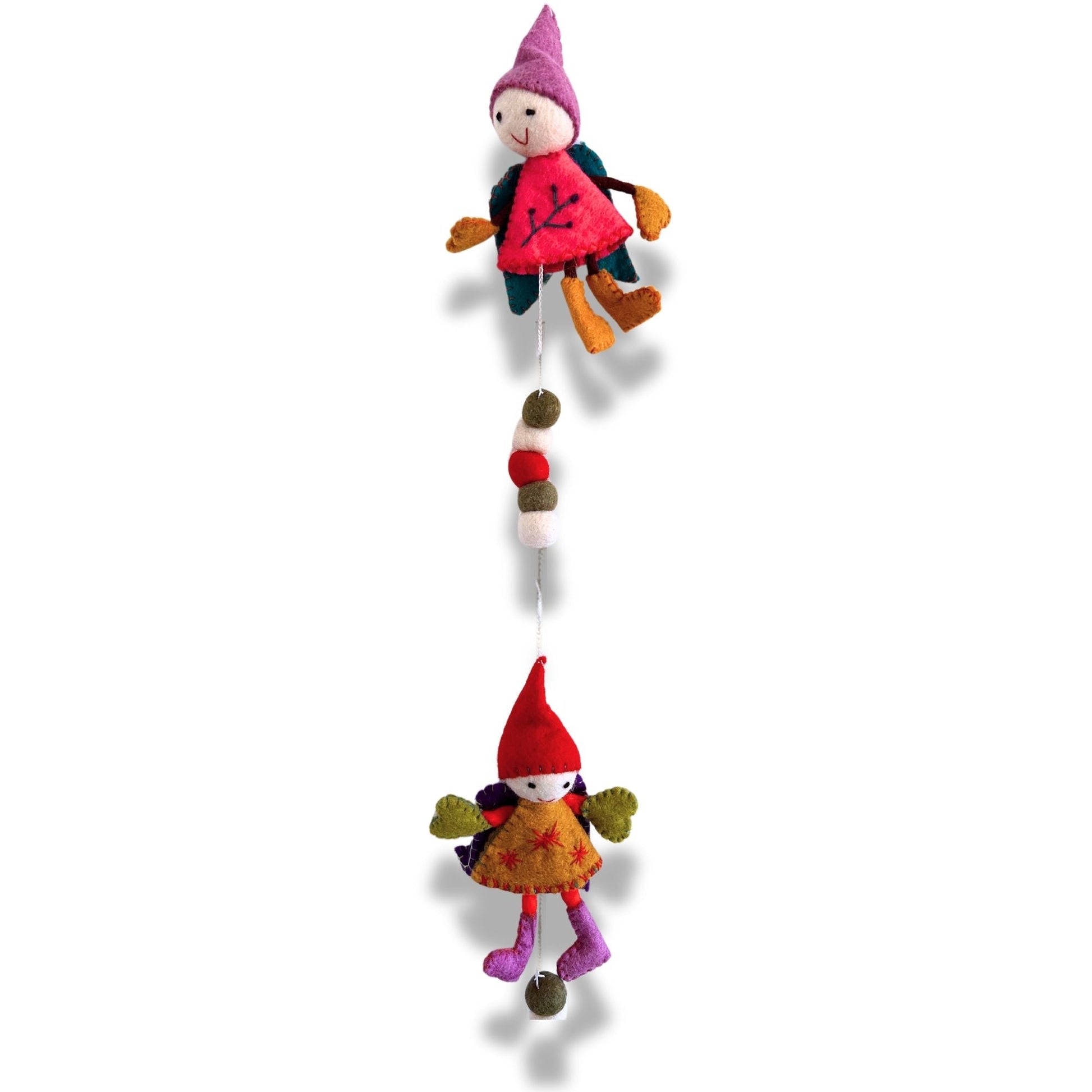 Handmade Felt Fairy Angels – 110 CM Wall Hanging with colorful felt fairy angels and pom pom garland, handmade in Nepal