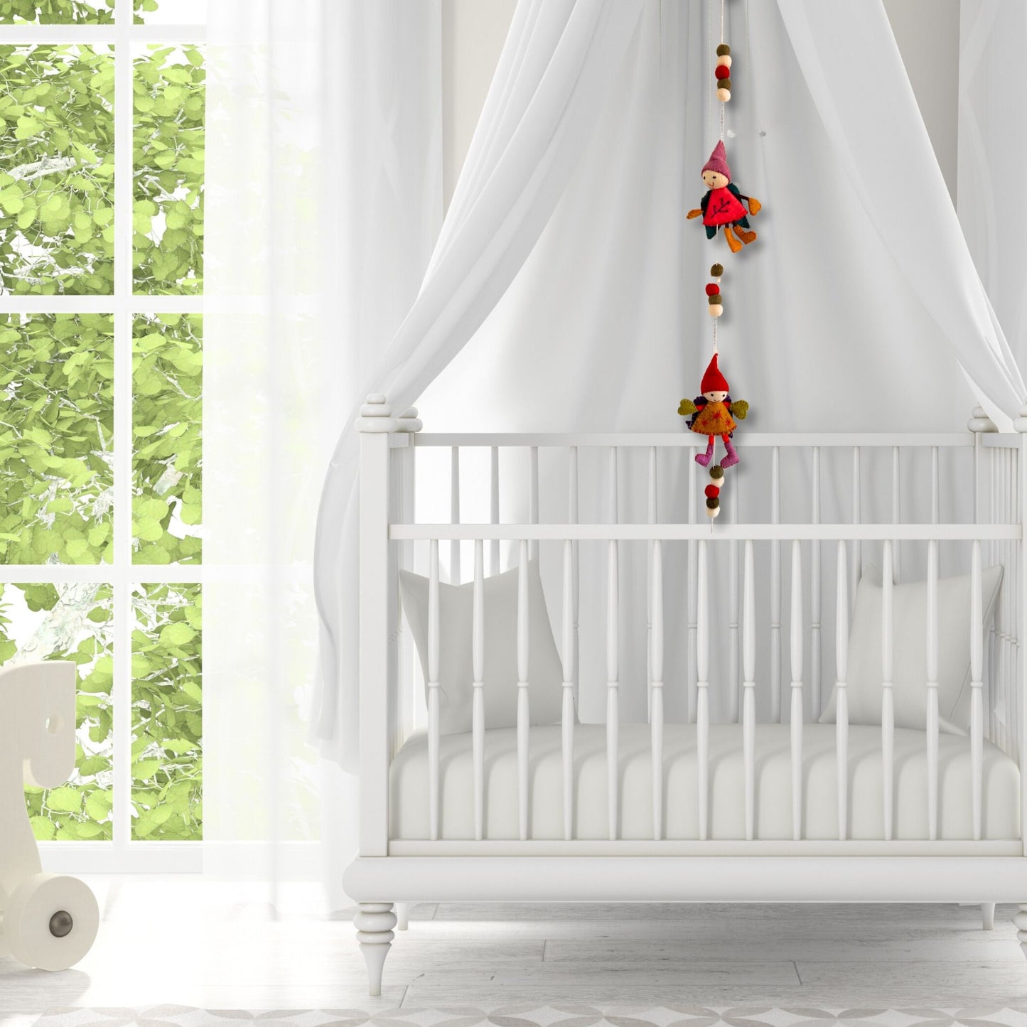 Handmade Felt Fairy Angels – 110 CM Wall Hanging in nursery, felt angel dolls with beads hanging beside white crib